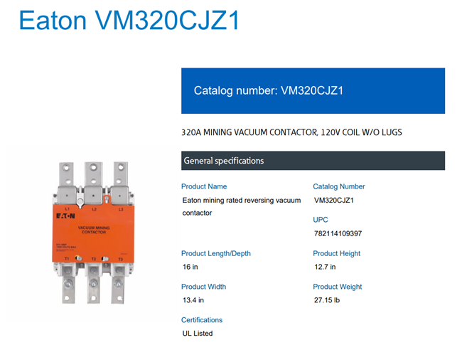 Cutler-Hammer VM320CJZ1 Mining Vacuum Contactor